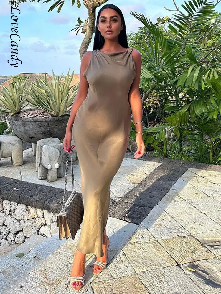 

Sexy Solid O-neck Split Long Dress For Women Sleeveless High Waist Slim Vestidos Fashion Highstreet Vacation Robe 2023 Summer