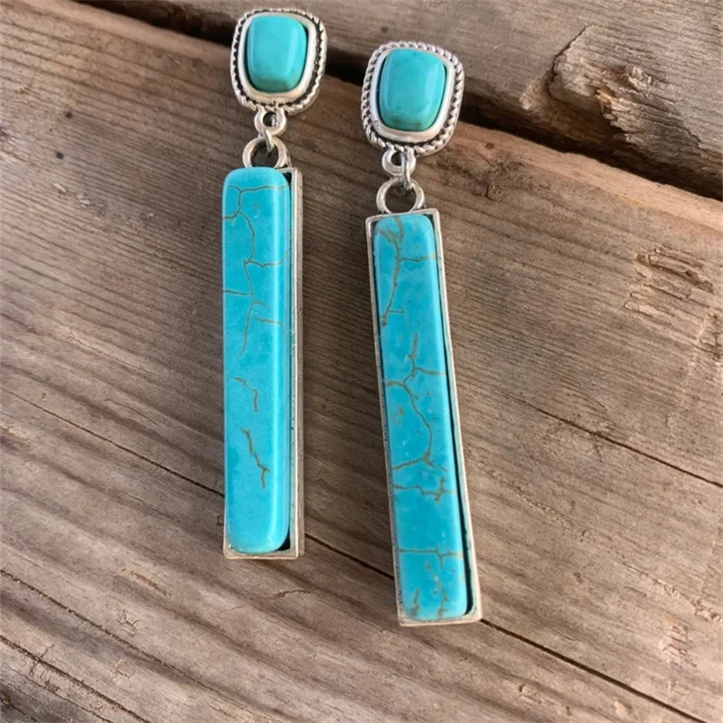 

Vintage Square Inlaid with Blue Stone Earrings Ethnic Silver Color Metal Manual Hanging Stone Dangle Earrings