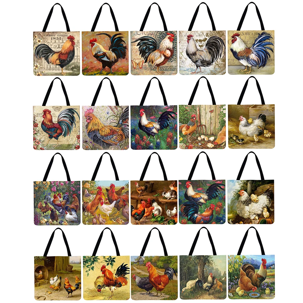 

Linen Tote Bag Reusable Chickens Printed Women Shoulder Handbags Large Capacity Grocery Shopping Handbag 40x40cm