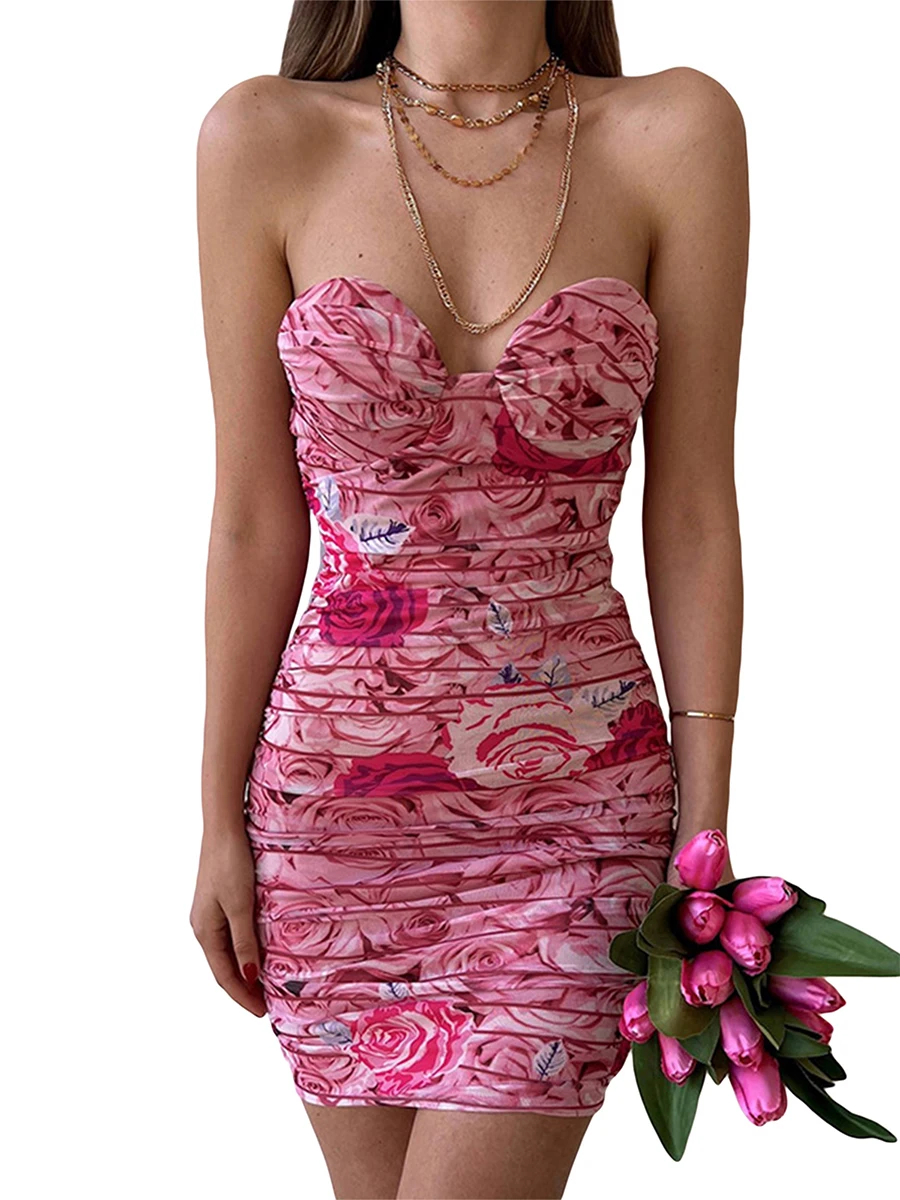 

Sexy Bodycon Party Dress for Women Floral Sleeveless Low-cut Ruched Strapless Tube Mini Dress Y2k Summer Short Dress