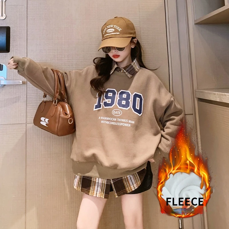 

Зимний свитер для девочек; Клетчатая блузка; Комплект из двух предметов; Флисовая теплая плотная одежда для подростков; Комплект повседневн...