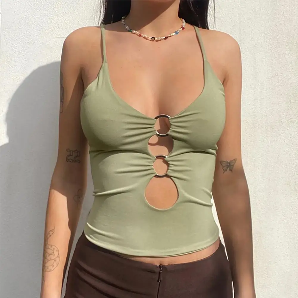 

Spaghetti Straps Low Collar Front Hollow Pullover Vest Sexy Solid Color Slim Camisole Top Adjustable Strap Camisole Blouse