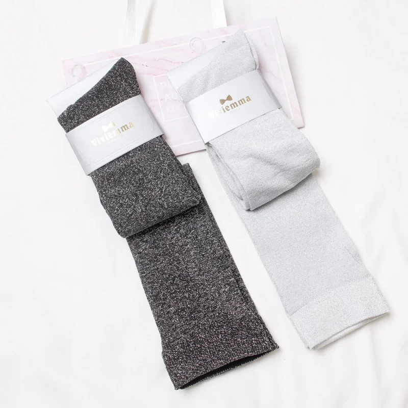 3018-1 Spring/Summer Knee Socks Female Sequins Stockings Student Pure Silver Silk Thigh High Socks