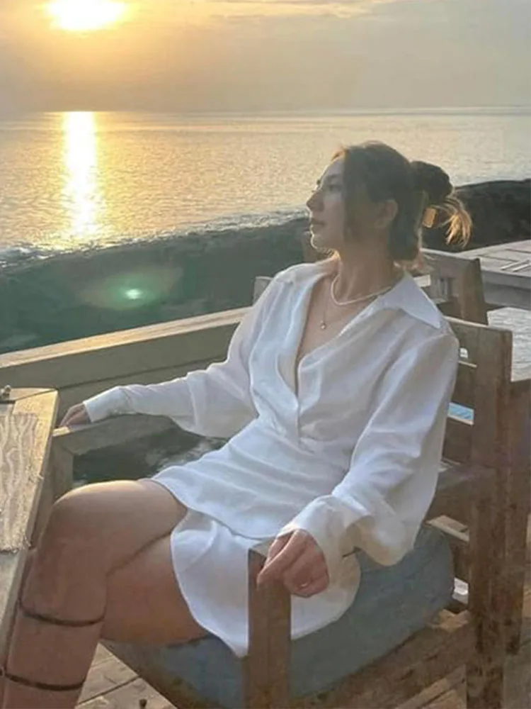 

Zach AiIsa quality spring new style women's all-match long-sleeved polo collar silk satin texture short casual dress