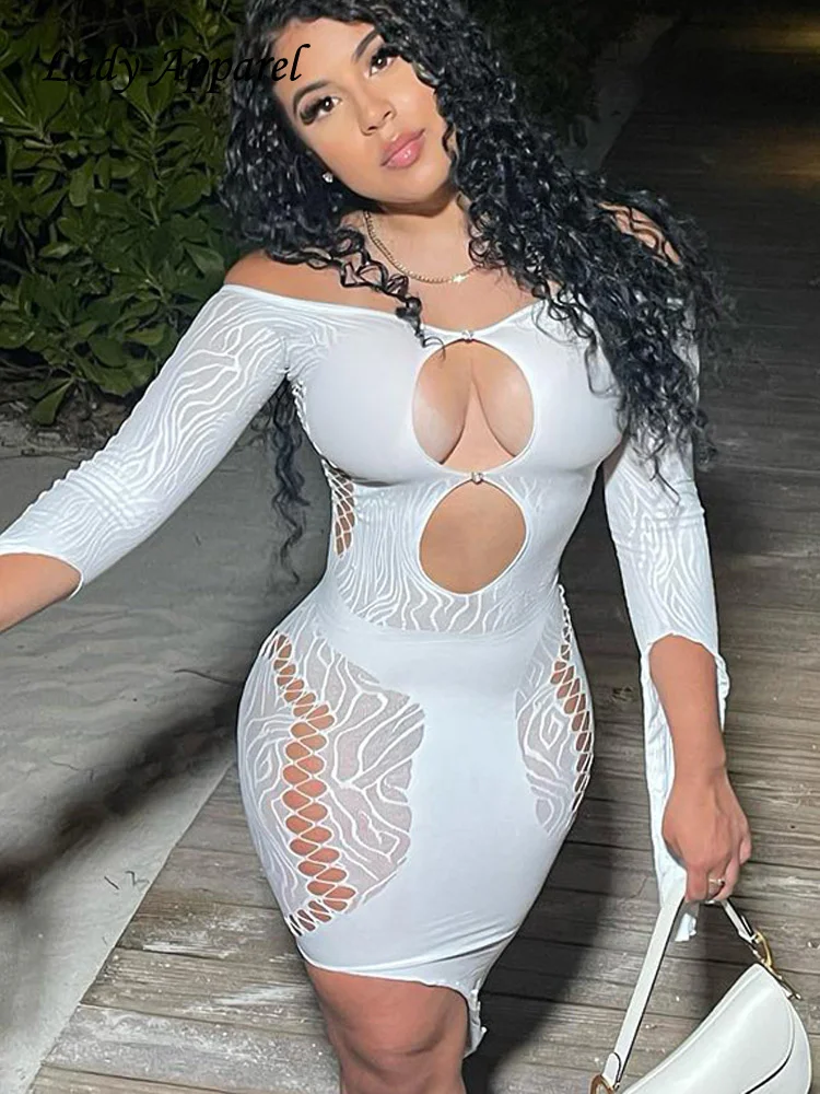 

Y2K Women Bodycon Dresses Sexy Hollow Out See-through Night Club Outfits Chic Design Off-the-Shoulder Asymmetrical Mini Dresses