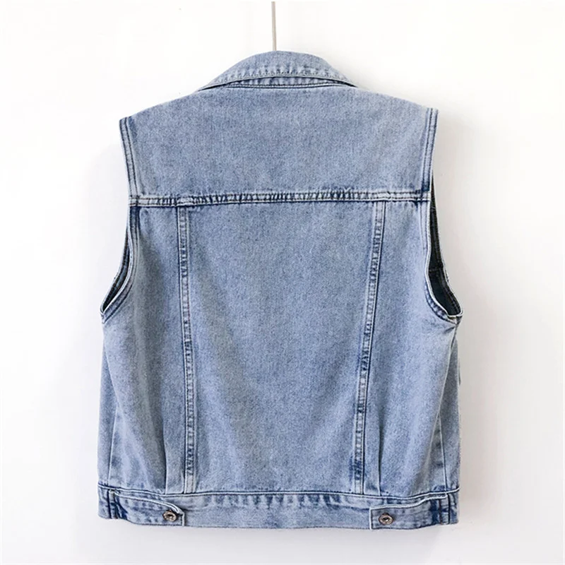 

Blue Vintage Denim Vest Women Waistcoat Diagonal Big Pocket Cowboy Sleeveless Jacket Coat Casual Slim Short Jeans Vests Female