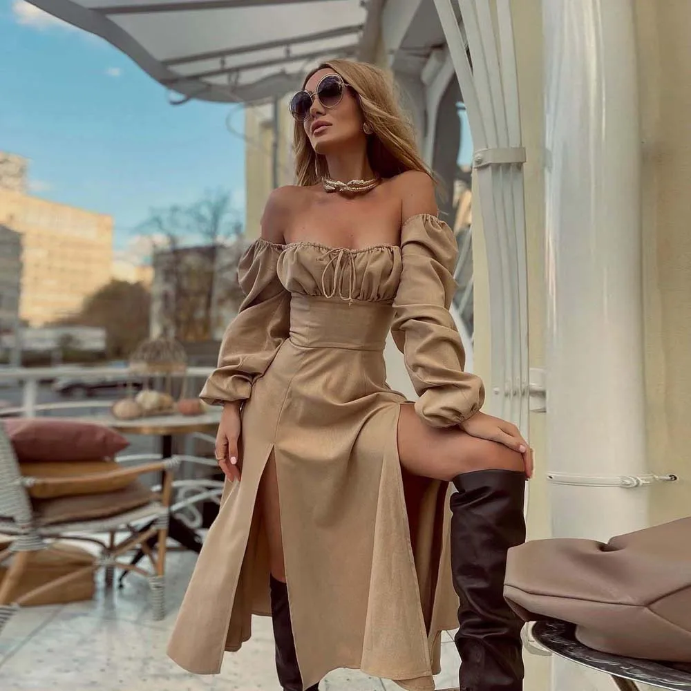 

Bohemian Style Dress Solid Color Off Shoulder Fashion Street Ready-to-wear-dresses Sweet Heart 2022 Office Lady