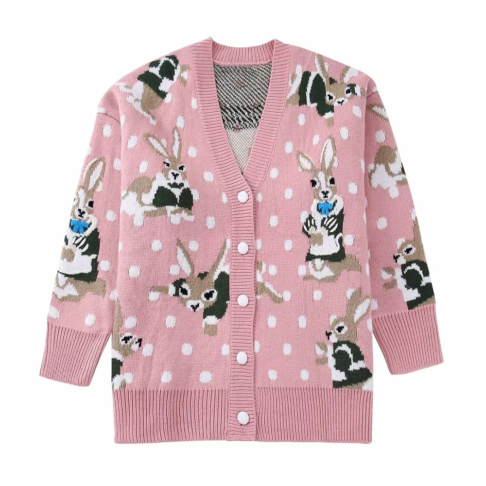 

PB&ZA Women Cardigans Rabbit Print Knitted Sweater Coat Single Breasted Long Sleeve Top V-Neck Female Clothing Knitwear 0021502