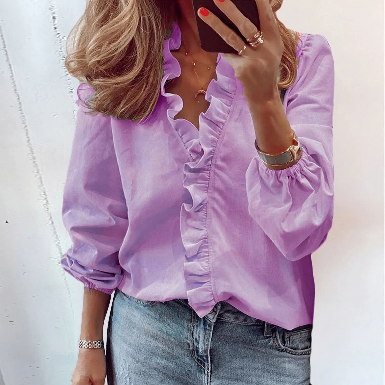 

Ruffles Blouse Women Solid Color Long Sleeve V Neck Slim Fit Tops Shirts Blouses Summer Elegant Office Ladies Basic Tops Blusas