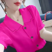 fashion lapel embroidery button chiffon shirt loose short sleeve casual tops summer oversized commute womens clothing blouse