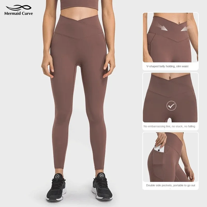 

Mermaid Curve Women Tight Yoga Pants V Shape High Waist Running Trousers Double Side Pockets Push Up Hip Fitness Leggings