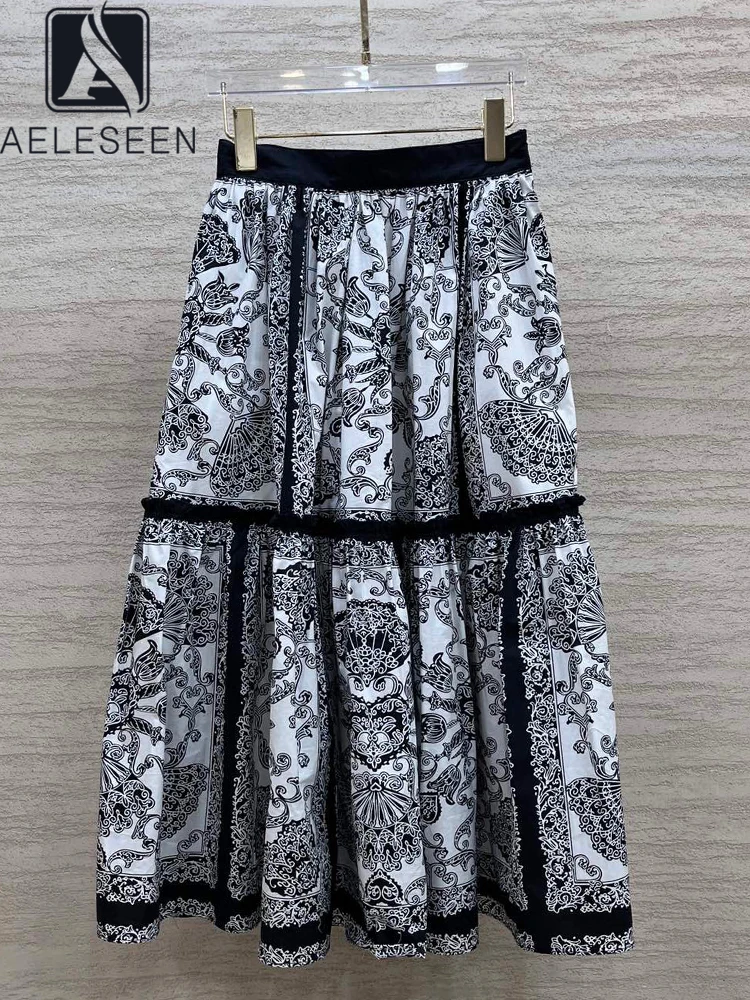 AELESEEN Women Sicilian 100% Cotton Skirt 2023 Runway Fashion Spring Black Flower Printed Poplin High Waist Holiday Vacation
