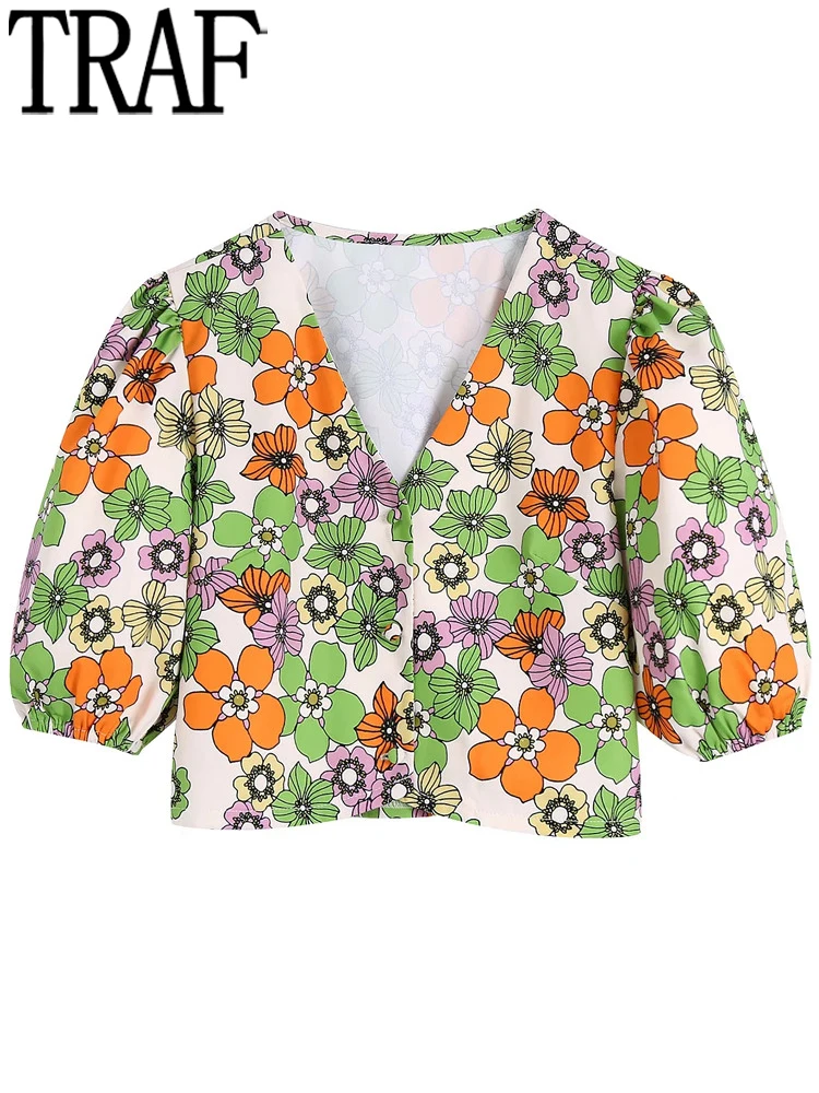 

TRAF 2022 Floral Blouses Women Summer Crop Top Female Cottagecore Short Puff Sleeve Top Y2k Casual Blouses Woman Button Up Shirt