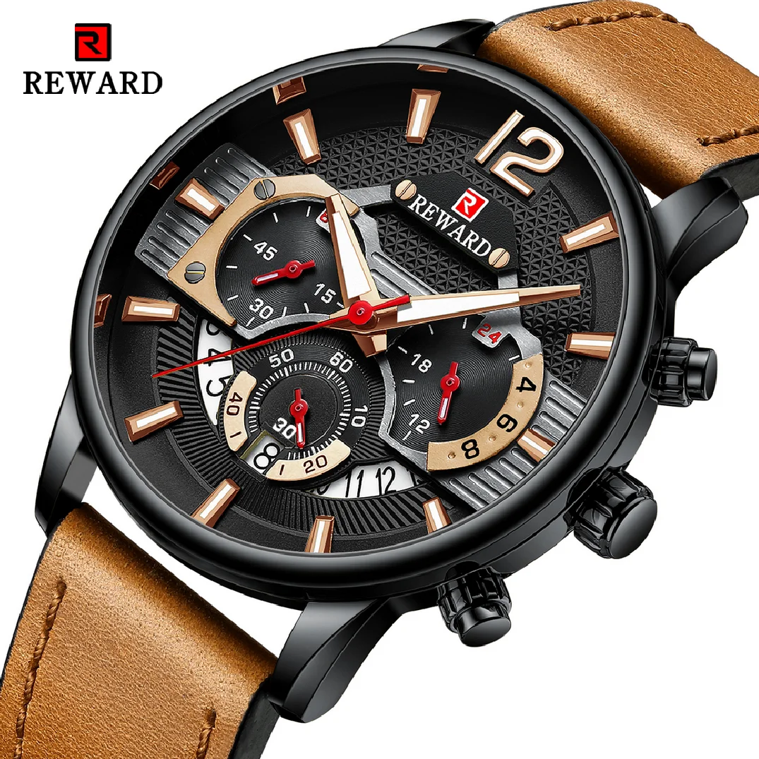 

REWARD Mens Watches Top Brand Luxury Sport Quartz Waterproof Luminous Watch Men Chronograph Leather Date Wristwatch Reloj Hombre