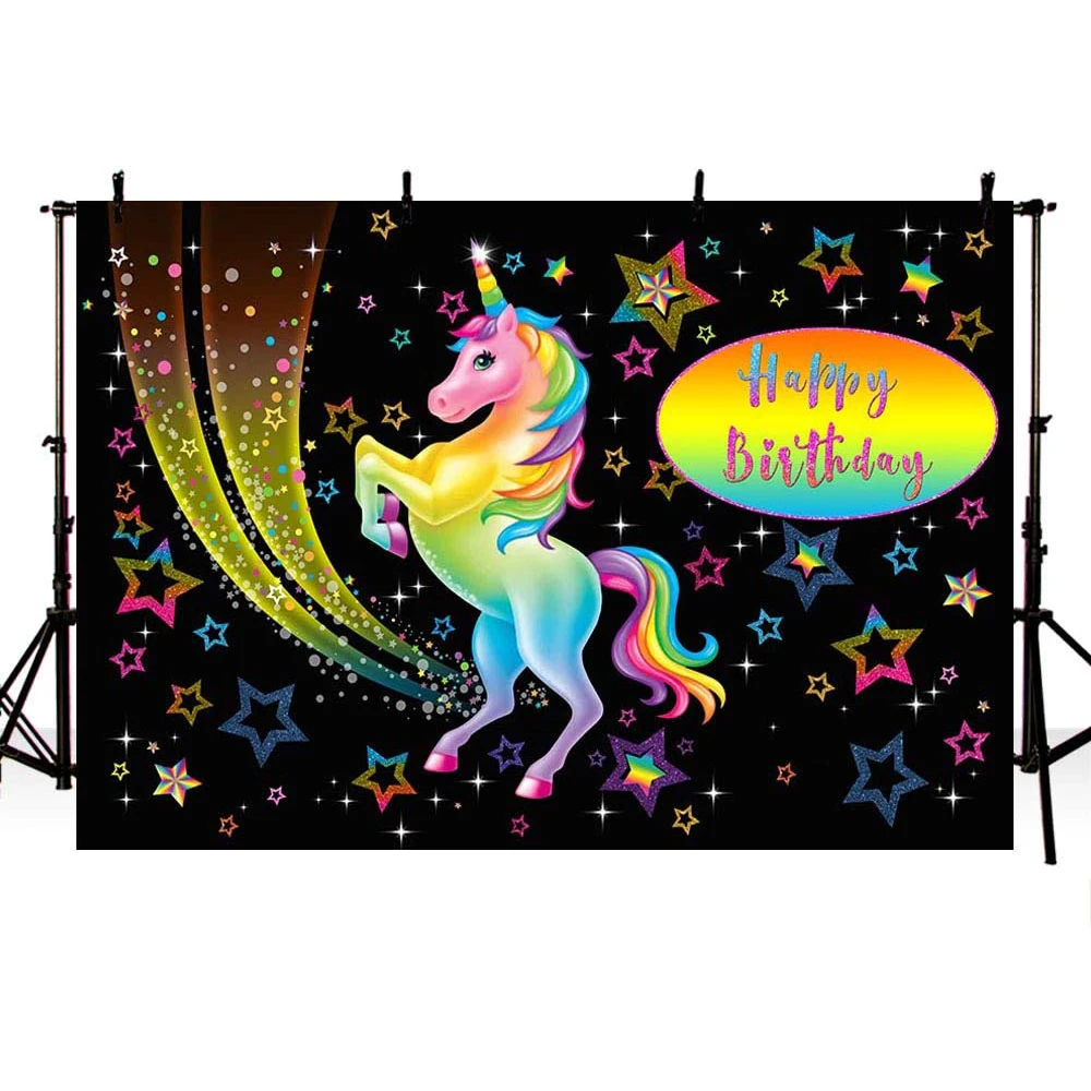 

Black Unicorn Themed Birthday Party Backdrops for Girls Photography Background Stars Kid Princess Decorations Banner Vinyl 7x5ft