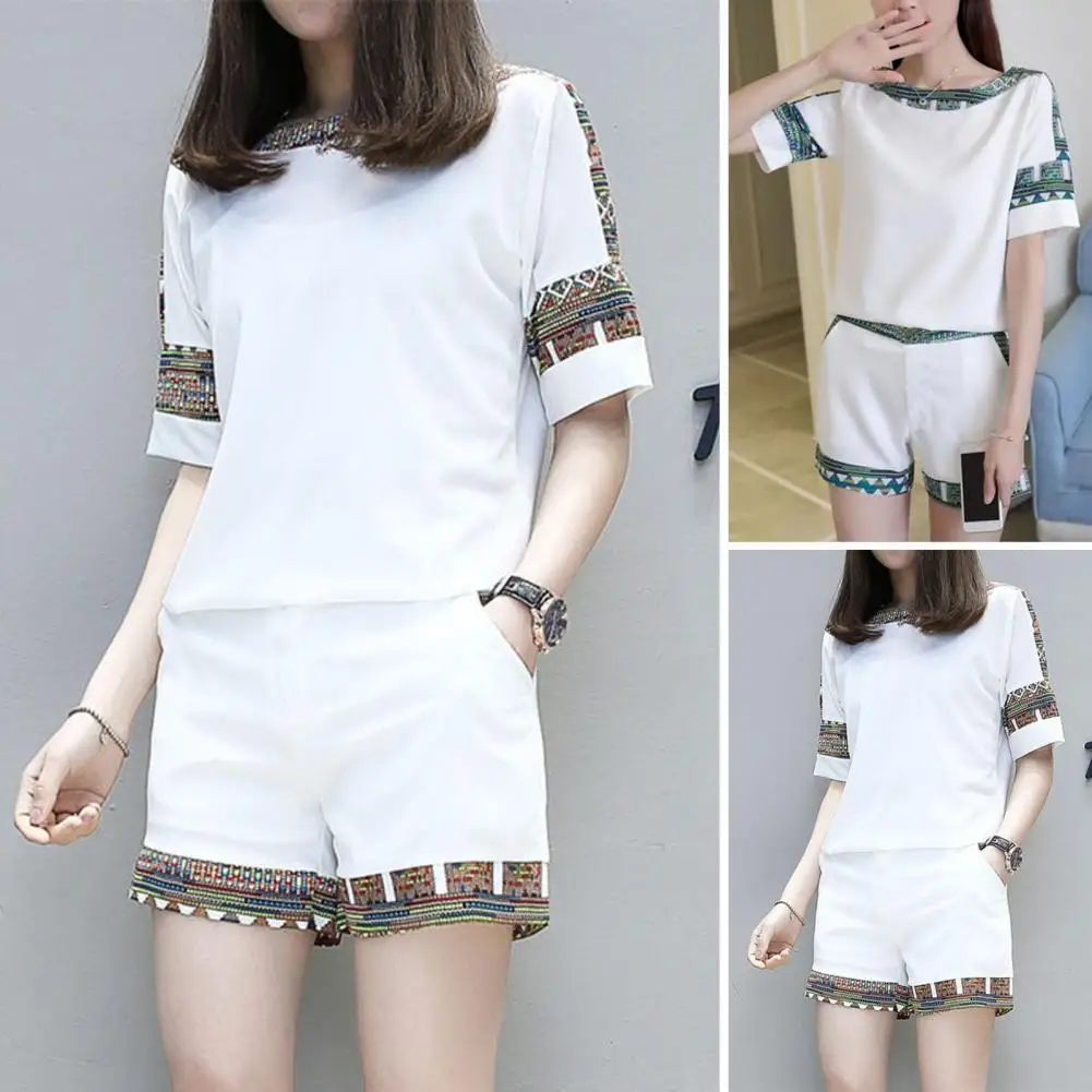 

2Pcs/Set Women's Fashion Solid Color T-shirt Printed Short Sleeve Casual Round Neck Blouse Shorts Pullover Tops