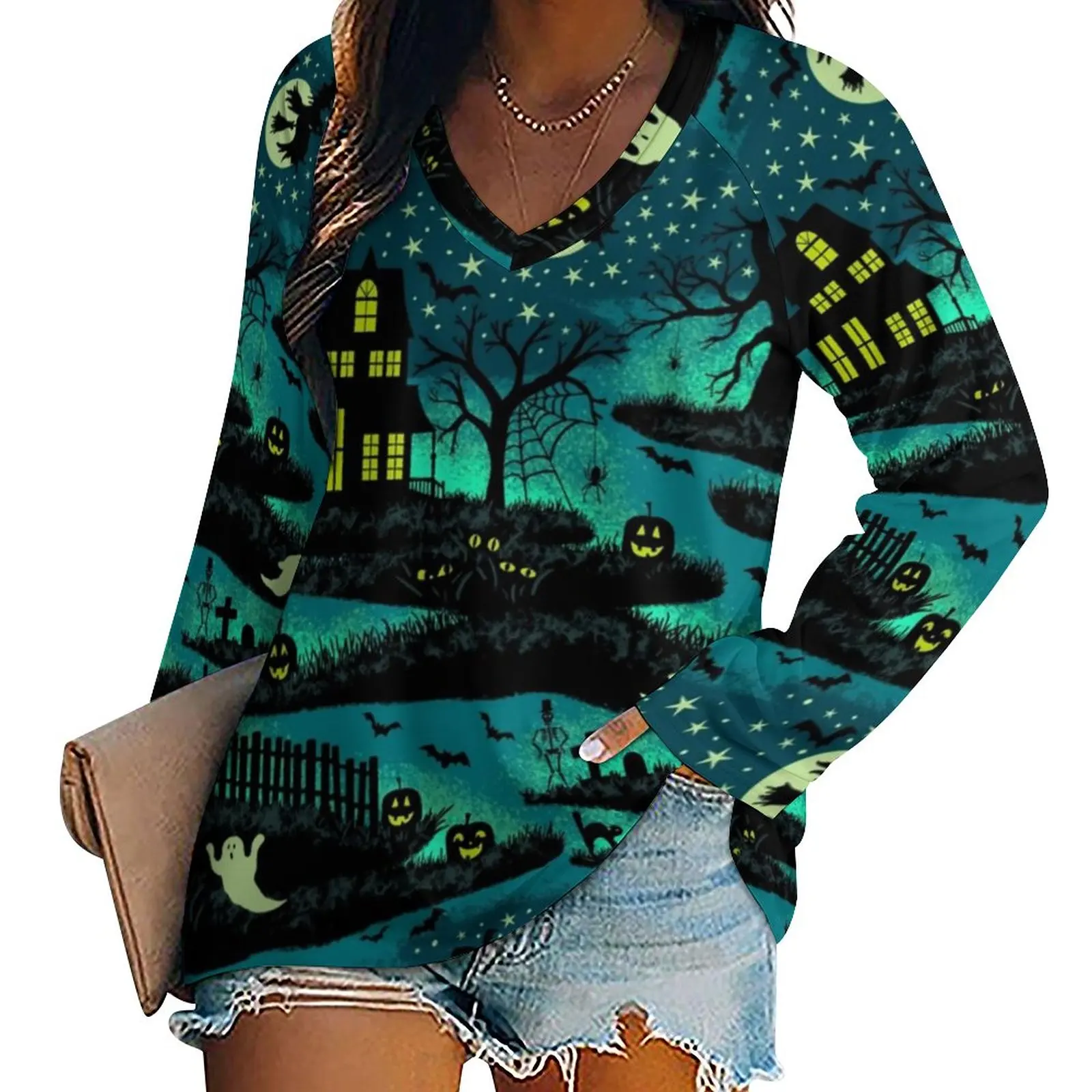 

Magical Halloween Night T Shirt Black Bats Print Cute Long Sleeve T-Shirts V Neck Streetwear Tshirt Big Size Design Top Tees