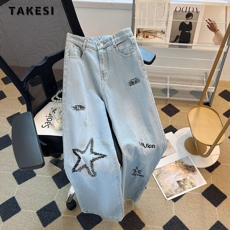 

Винтажные свободные джинсовые брюки в стиле Харадзюку с аппликацией в виде звезд и высокой талией, Женские Мешковатые джинсовые брюки с широкими штанинами Y2K, весна-лето 2023