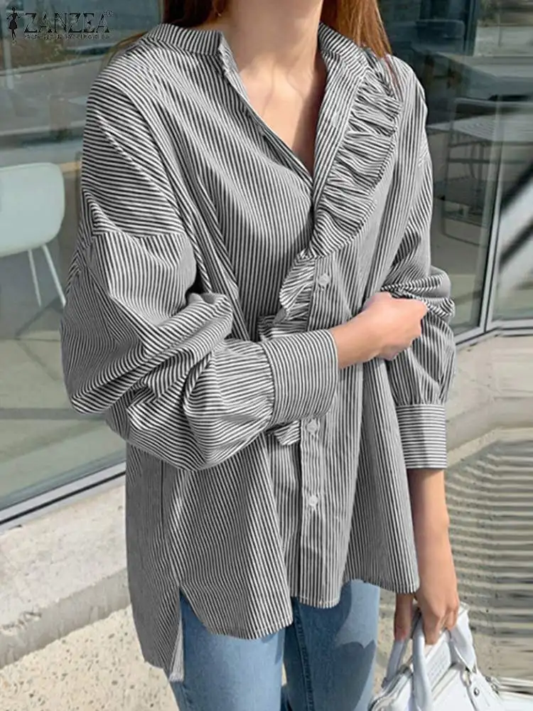 

Модные полосатые топы ZANZEA с принтом, весенние Блузы с оборками и длинным рукавом с круглым вырезом, Женская Повседневная элегантная рубашка, Женская Офисная рубашка