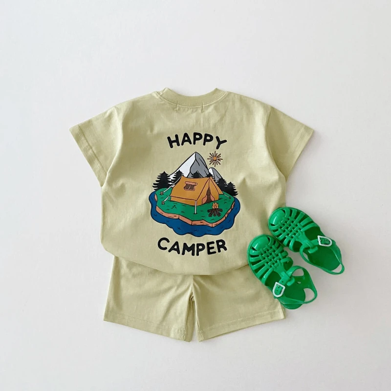

Korea Summer Set Baby Boy Two Sided Print Camper T-shirt Tees Tops+Cotton Shorts Kid Sports Suit Bebe Baby Girl Clothes Outfits