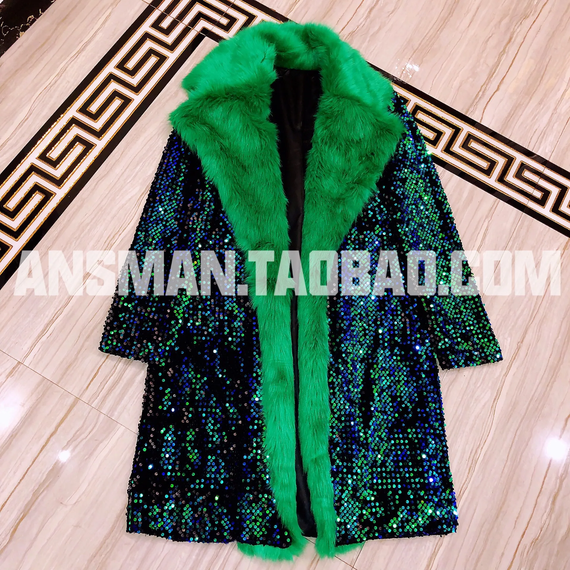 

New Bar Nightclub Male Singer Dj Ds Stage show performance wear Christmas Theme Green Colorful Faux Fur Long Jacket Costume