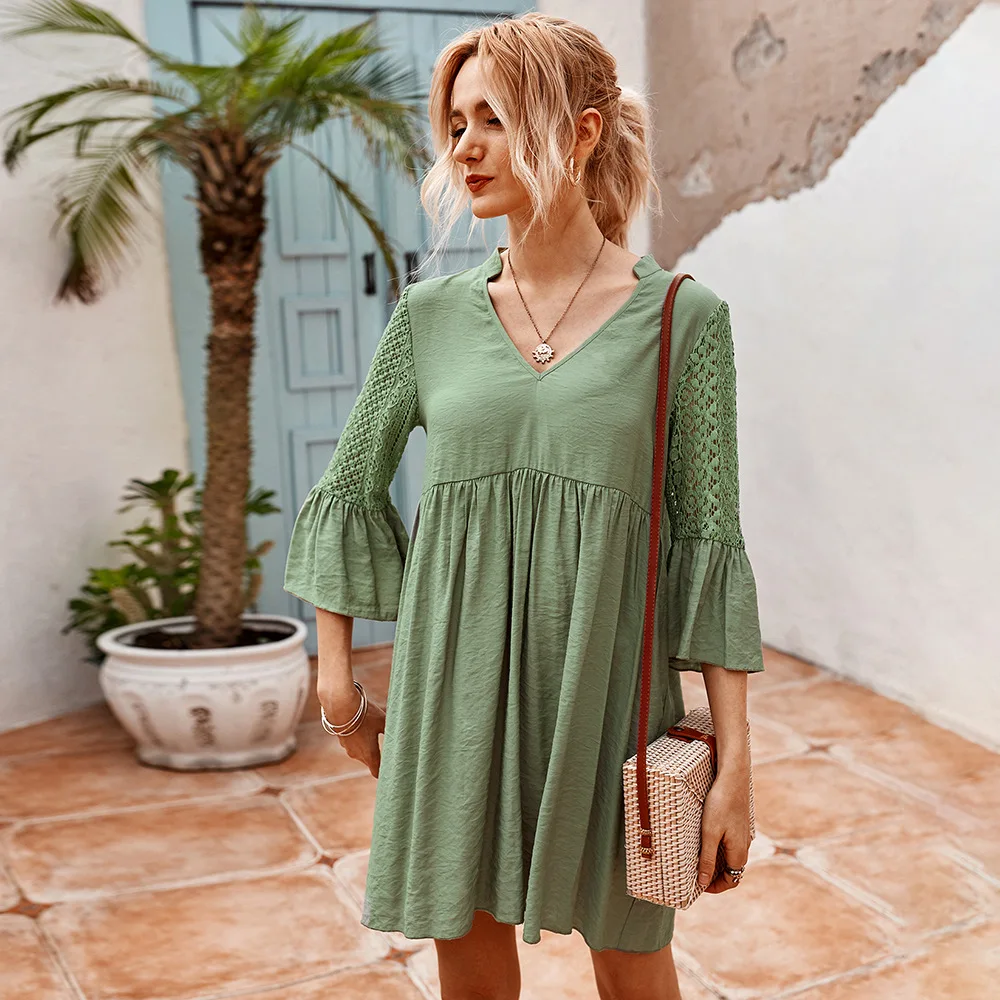 

Summer Lace Patchwork Dress Women Hollow Out V-Neck Butterfly Sleeve Dress Solid Color Casual Commute Clothing Green Yellow Robe