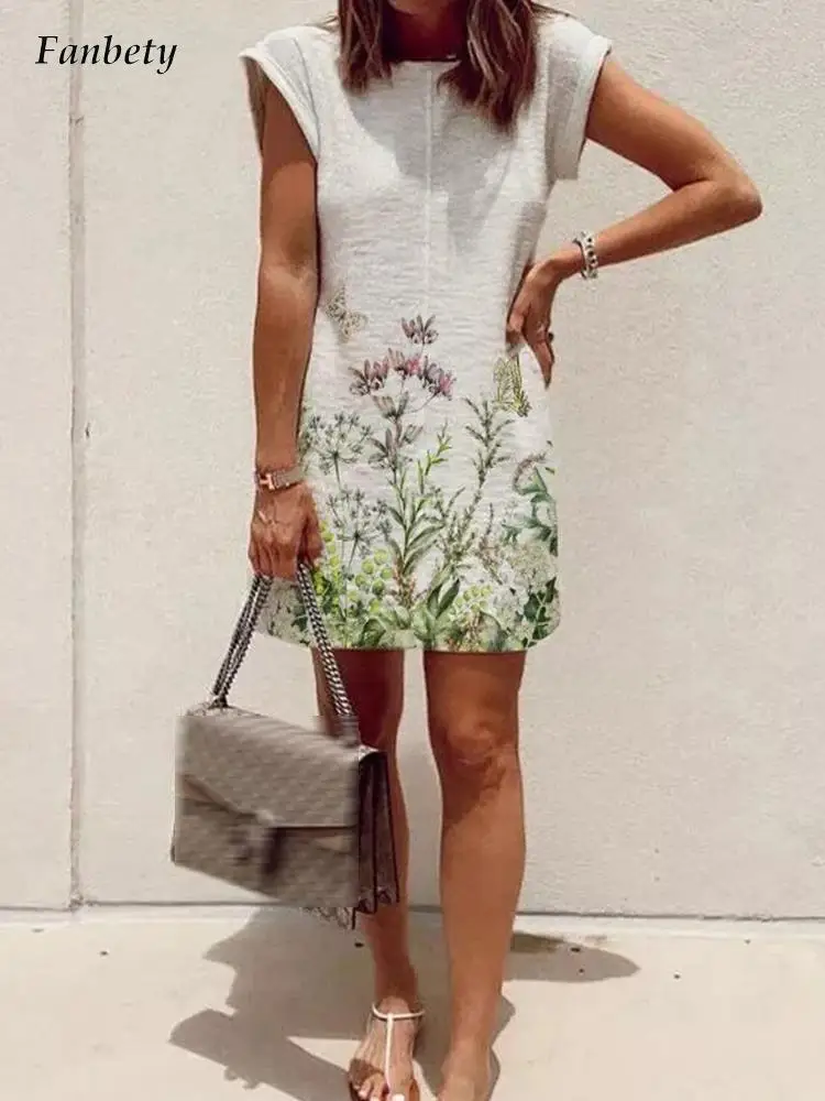 

2022 Women O-neck Sleeveless Casual Beach Dress Summer Cotton Linen A-Line Mini Dress Vintage Floral Print Loose Dress Vestidos