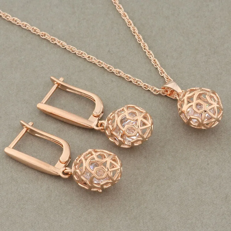 

2022 New Trendy 585 Rose Gold Color Natural Zircon Necklace And Earrings Sets for Women Bride Wedding Anniversary Jewelry Set