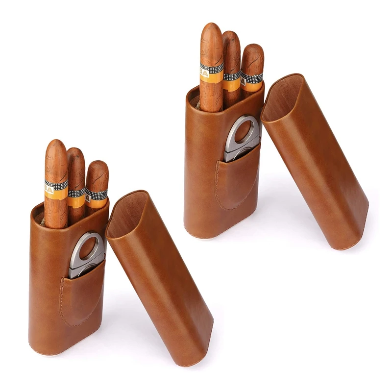 

HOT SALE 2X High Quality 3-Finger Humidors Portable Cigar Box Brown Cigar Leather Case With Cigar Cutter