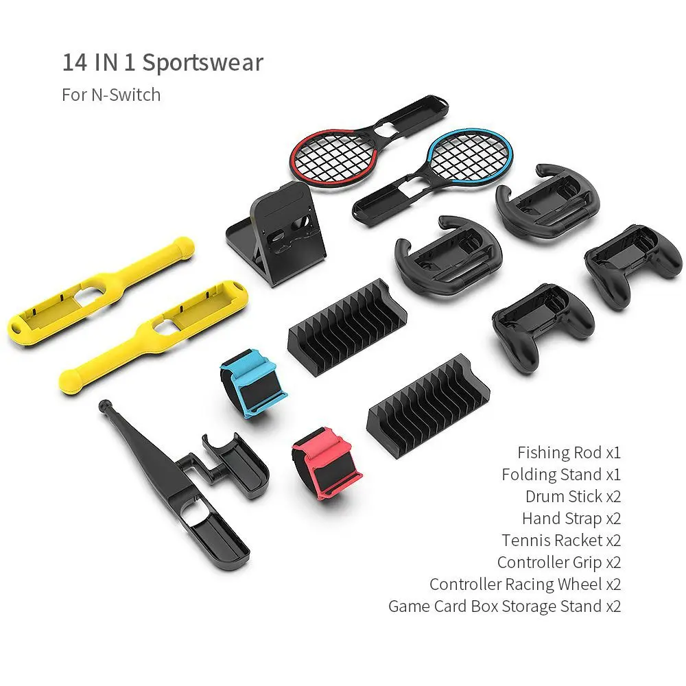 For Nintendo Switch Console 14 In 1 Sportswear Suit Bracket+Grip+Steering Wheel+Tennis Racket+Taiko Stick+Wrist Strap+Disc Rack