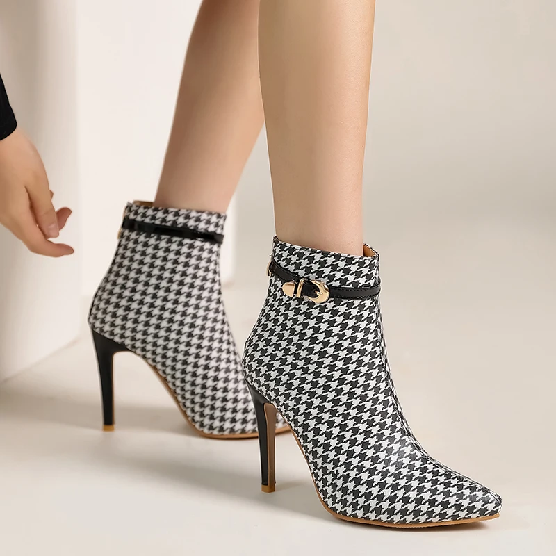 

Stiletto High Heels Ankle Boots Women Plaid Houndstooth Mixed-color Pointed Toe Booties Ladies Catwalk Shoes Large Size 48 49 50