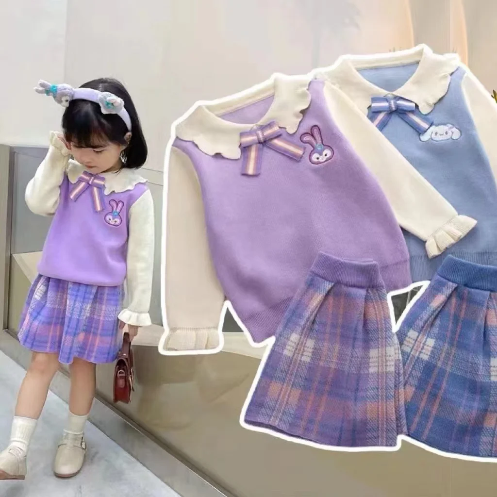 

Autumn and winter children's clothing girls plaid preppy knitted sweater skirt suit