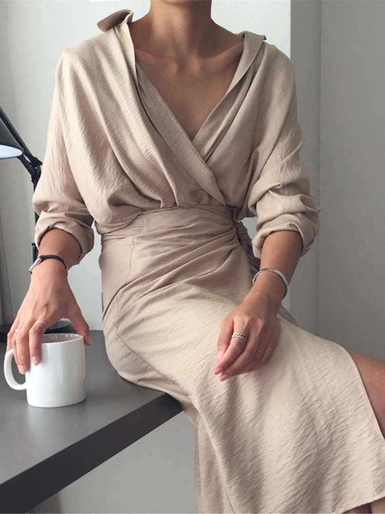 

Spring Women Casual V-neck Cotton Linen Midi Dress Full Sleeve Lace Up Female Elegant Solid Vestidos