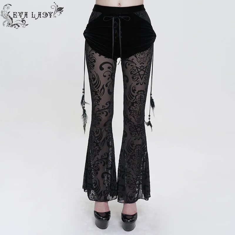 Steel Master Gothic Summer Women's Wide Leg Pants, Skirts, Casual Pants, High Waist Split Lace Chiffon Thin Cut Out