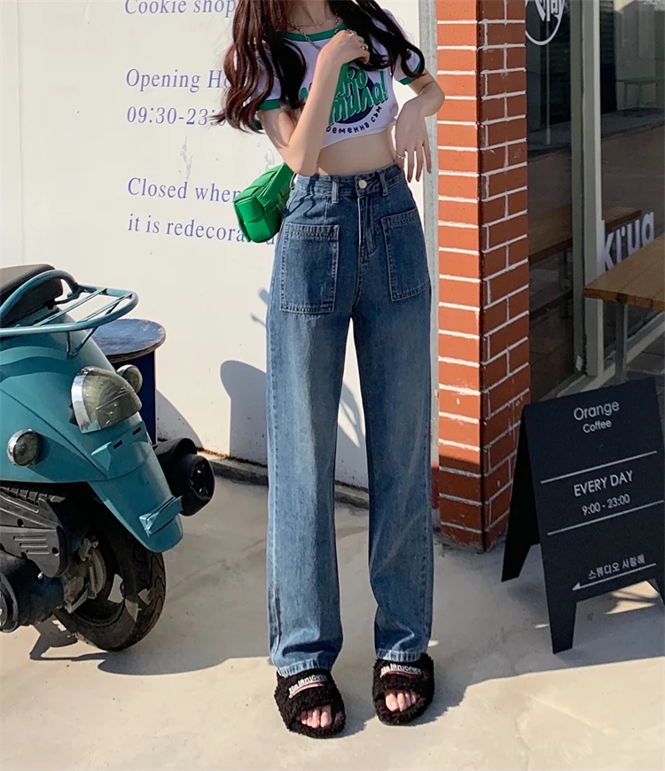 

2022 New Summer Retro Dark Blue Wide Leg Jeans Women High Waist Straight Trousers Loose Casual Jeans Boutique Fashion Clothing