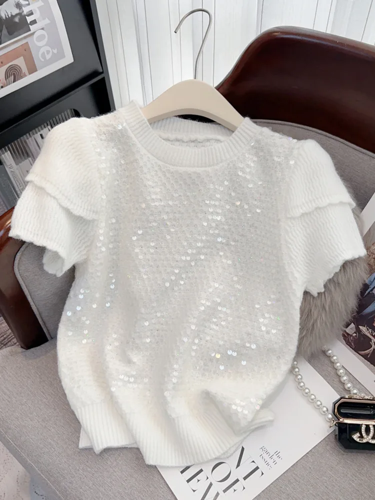Женский свитер с блестками повседневный трикотажный пуловер круглым вырезом и