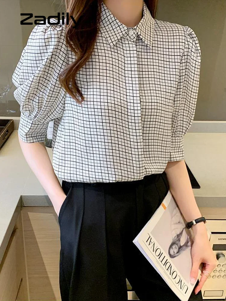 

Zadily 2022 Summer Elegant Half Sleeve Plaid Women Shirt Office Lady Floral Print Button Chiffon Blouse Work Female Clothing Top