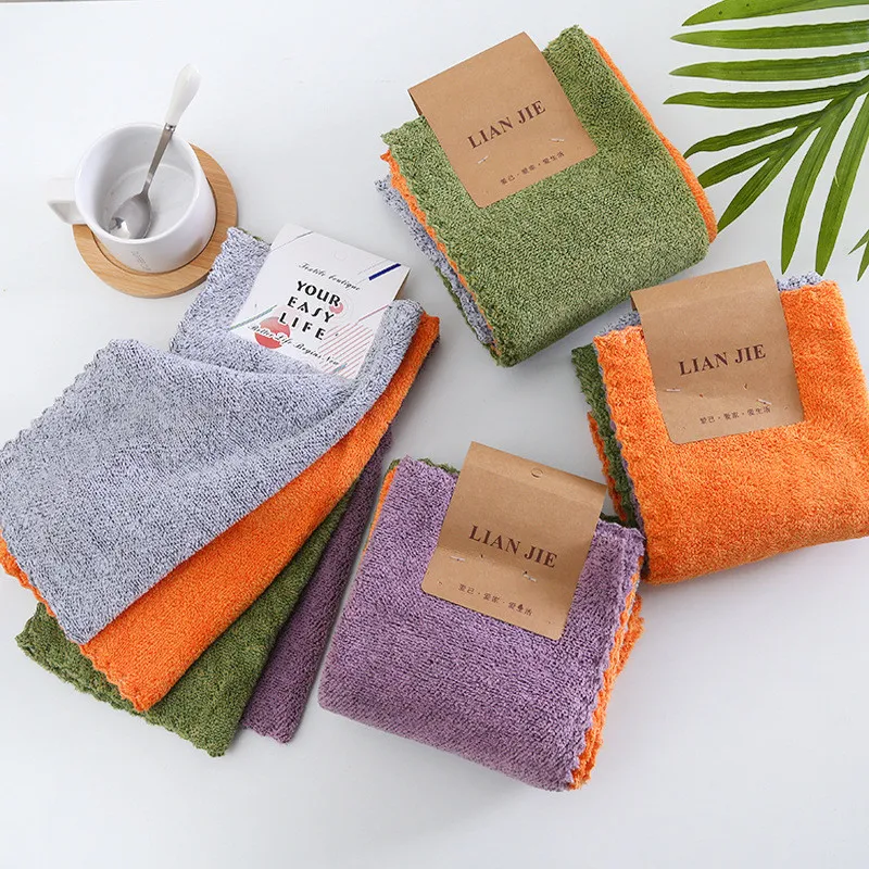 

4Pcs/Pack 30x30cm Solid Color Kitchen Cleaning Rag Coral Fleece Dish Washing Cloth Super Absorbent Scouring Pad