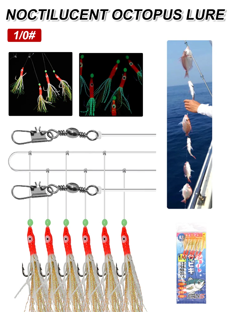 

6 hook/set noctilucence Fish Hook Squid Fishing Hook Bionic Fish Skin Lure with Luminous Beads Fishing Lures Fishing Tackles