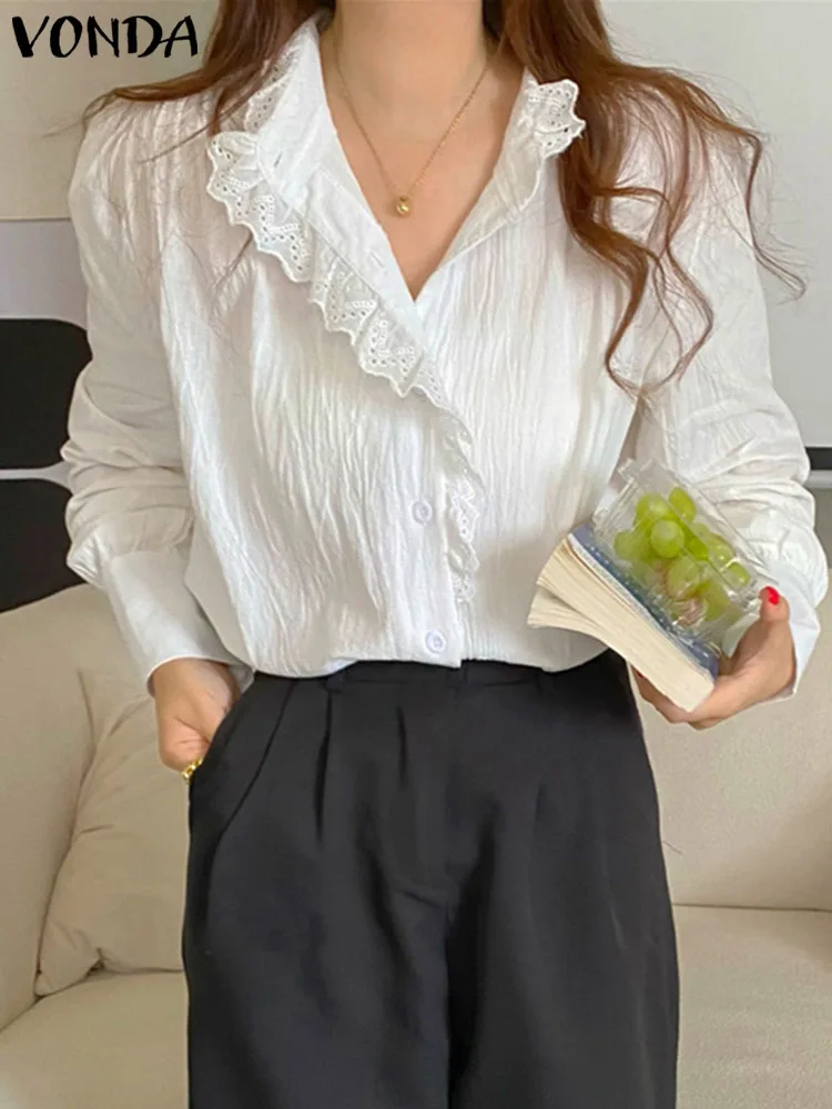 

VONDA Fashion Casual Ruffled Shirts 2023 Autumn Women Elegant Long Puff Sleeve Tunic Tops O Neck Lace Bottons Patchwork Blouses