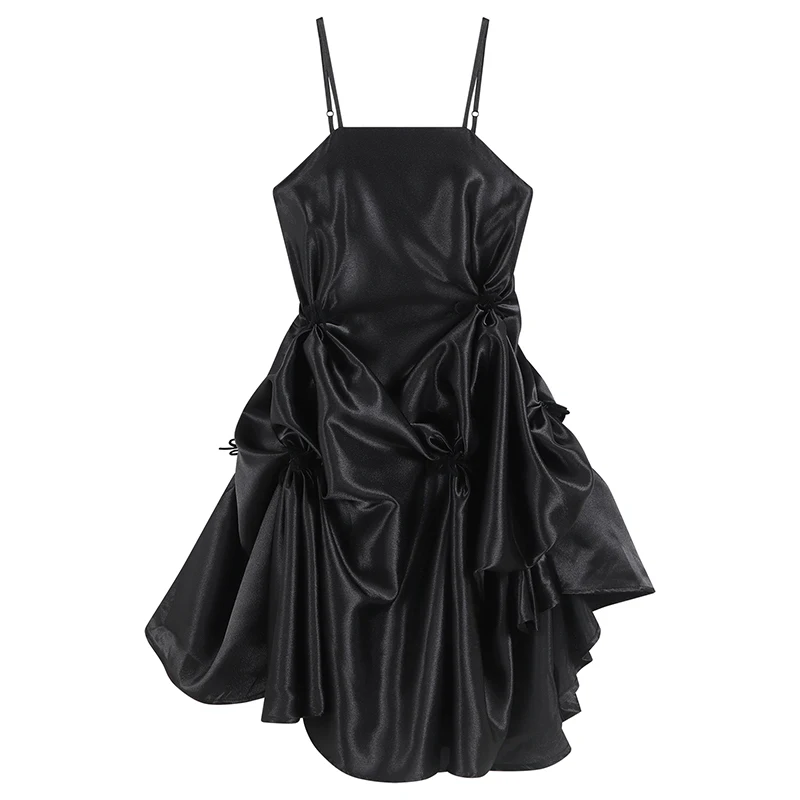 

Midi Dress For Women Party Evenning Summer French Elegant Slim Luxury High Waist Black Satin Suspender Strap Dress 2022 New
