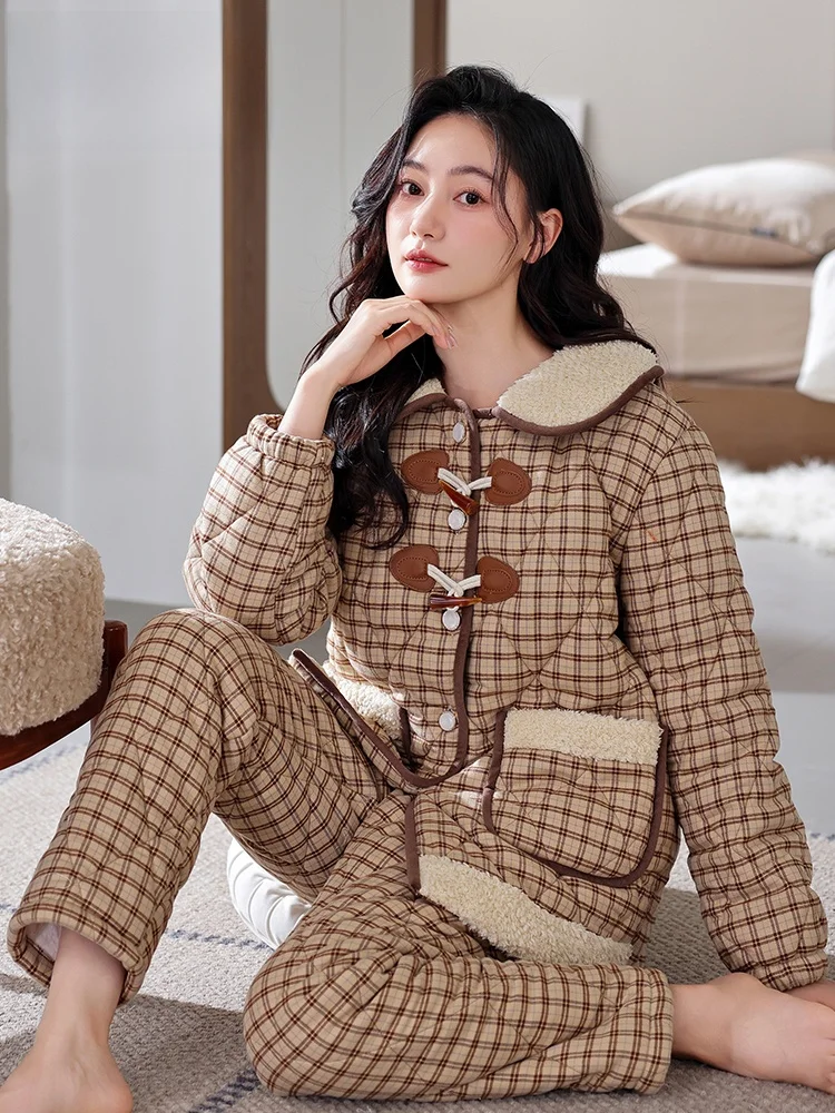 Новинка 2024 женские зимние пижамы трехслойная утолщенная тканая куртка на