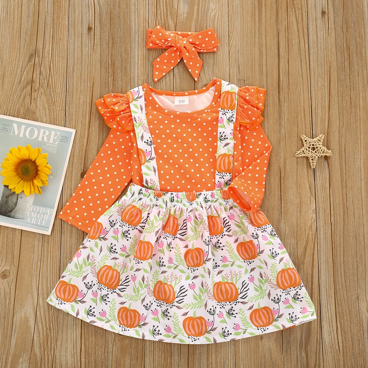 

Pumpkin Print Baby Girl Outfit Set Printed Short Sleeve Crew Romper Strap Skirt Toddlers Xmas Party Dress