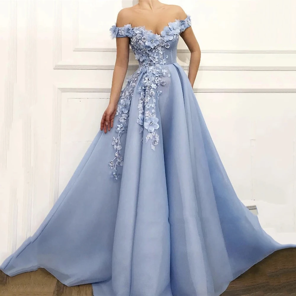 

2022 Off the Shoulder 3D Flowers Applique with Crystals Blue Prom Dress Lace Up Back Sexy Prom Dress abiti da cerimonia donna