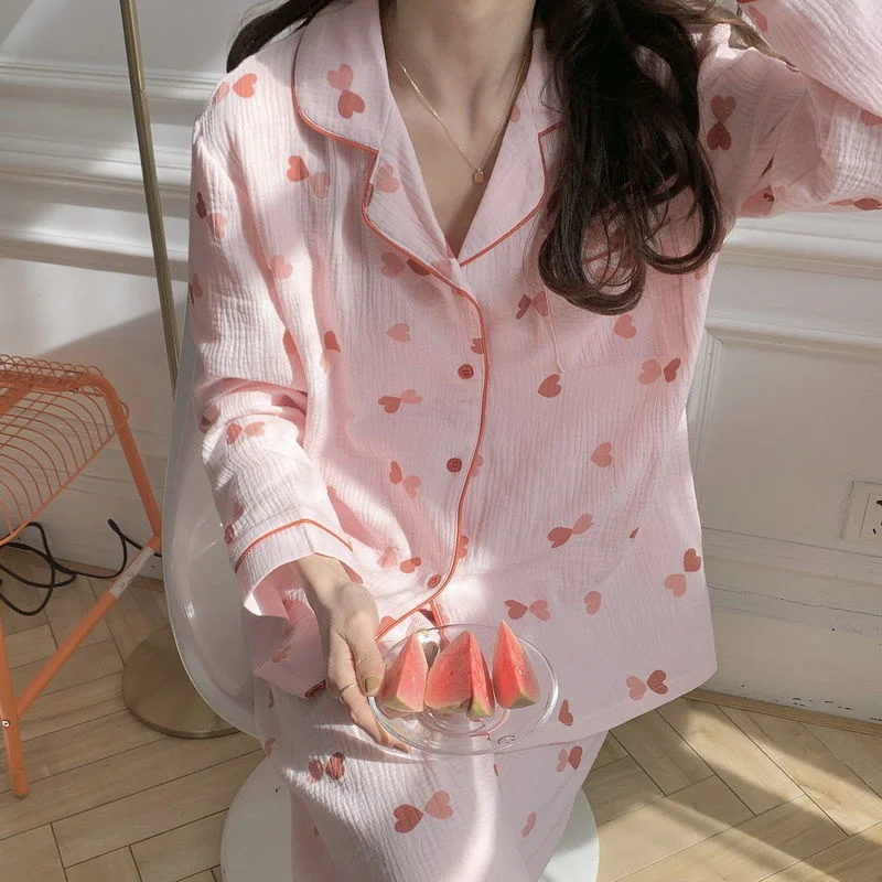 

Cotton Yarn Pajamas for Women Heart Print Sleepwear Korean Pijamas 2 Piece Set Pyjamas Female Kawaii Loungwear Home Suit