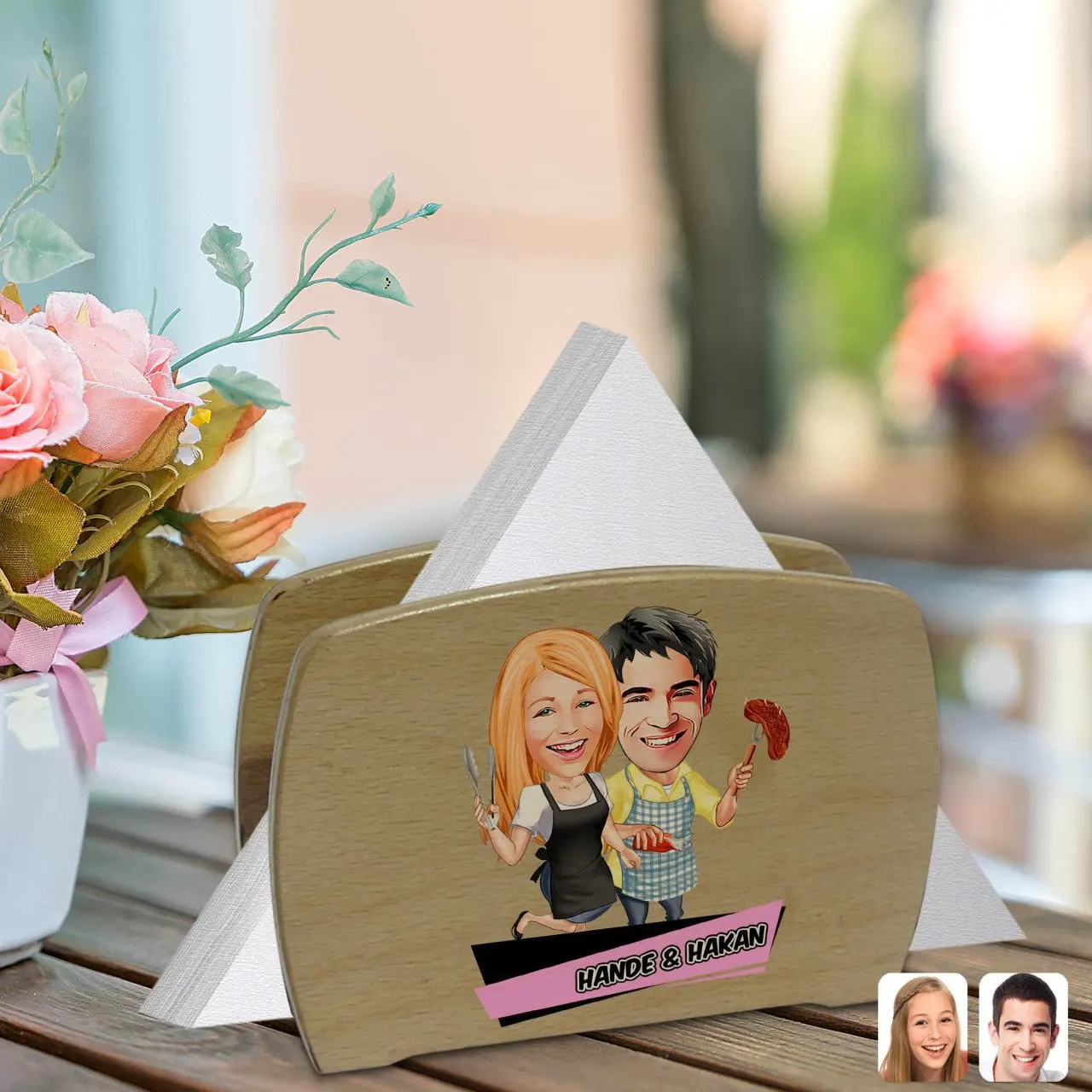 

Роскошный деревянный держатель для салфеток с персонализированной парой шеф-поваров карикатура-1 качественный богатый подарок аксессуары ...