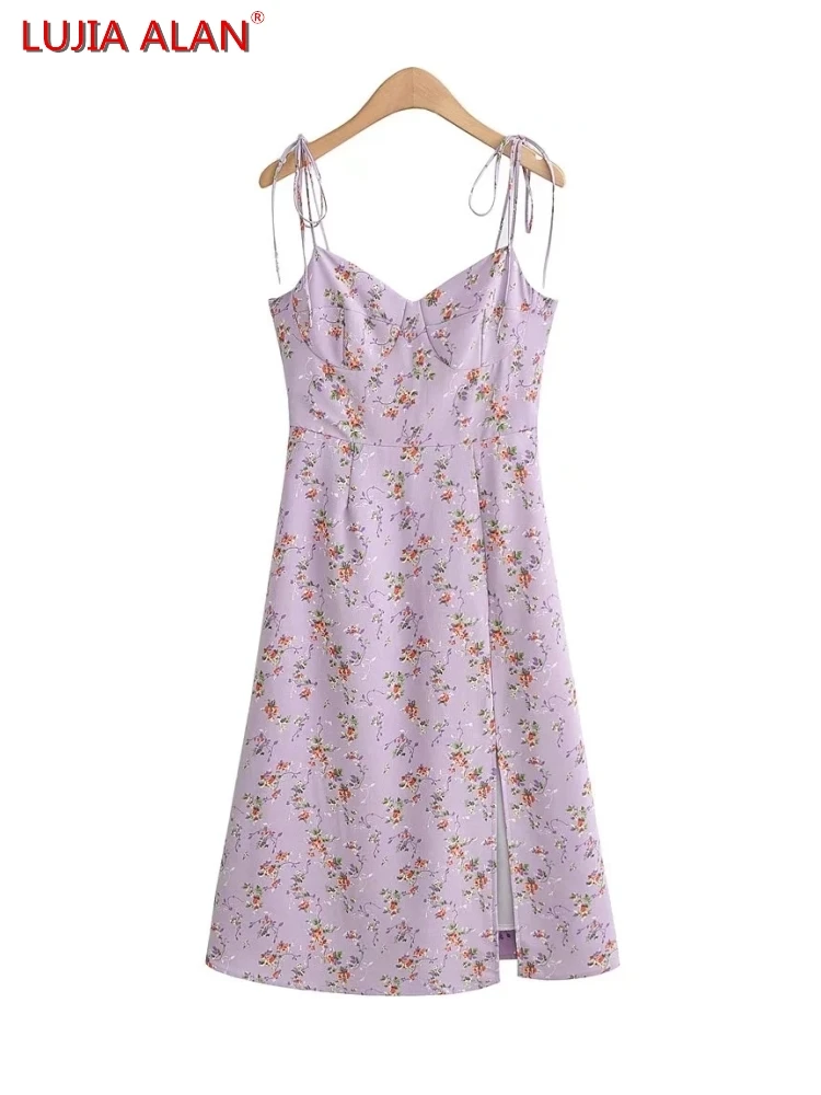 

Women Vintage Floral Print Side Slit Violet Sling Dress Summer Female Slim Midi Vestidos LUJIA ALAN WD227