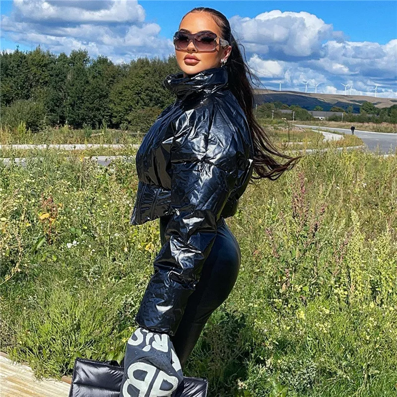 2022 Autumn and Winter Women's Standing Collar Solid Color Shiny Waterproof Thickened Short Cotton Jacket