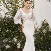 exquisite flower appliques lace maxi wedding dress puff sleeve illusion tulle strapless formal bride gown women robe de mariee