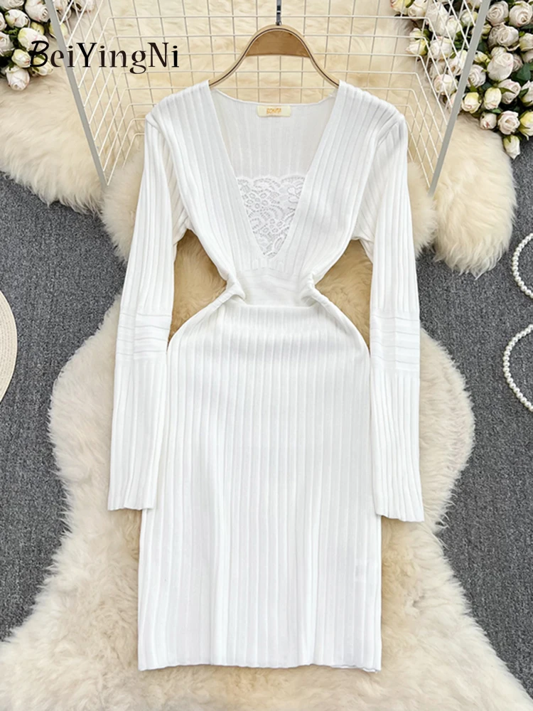 

Женское платье-карандаш Beiyingni с V-образным вырезом, кружевное лоскутное элегантное Повседневное трикотажное платье-миди в Корейском стиле для женщин, облегающее платье